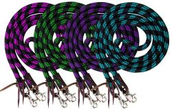 Showman 8ft braided nylon stripe barrel reins with scissor snap ends